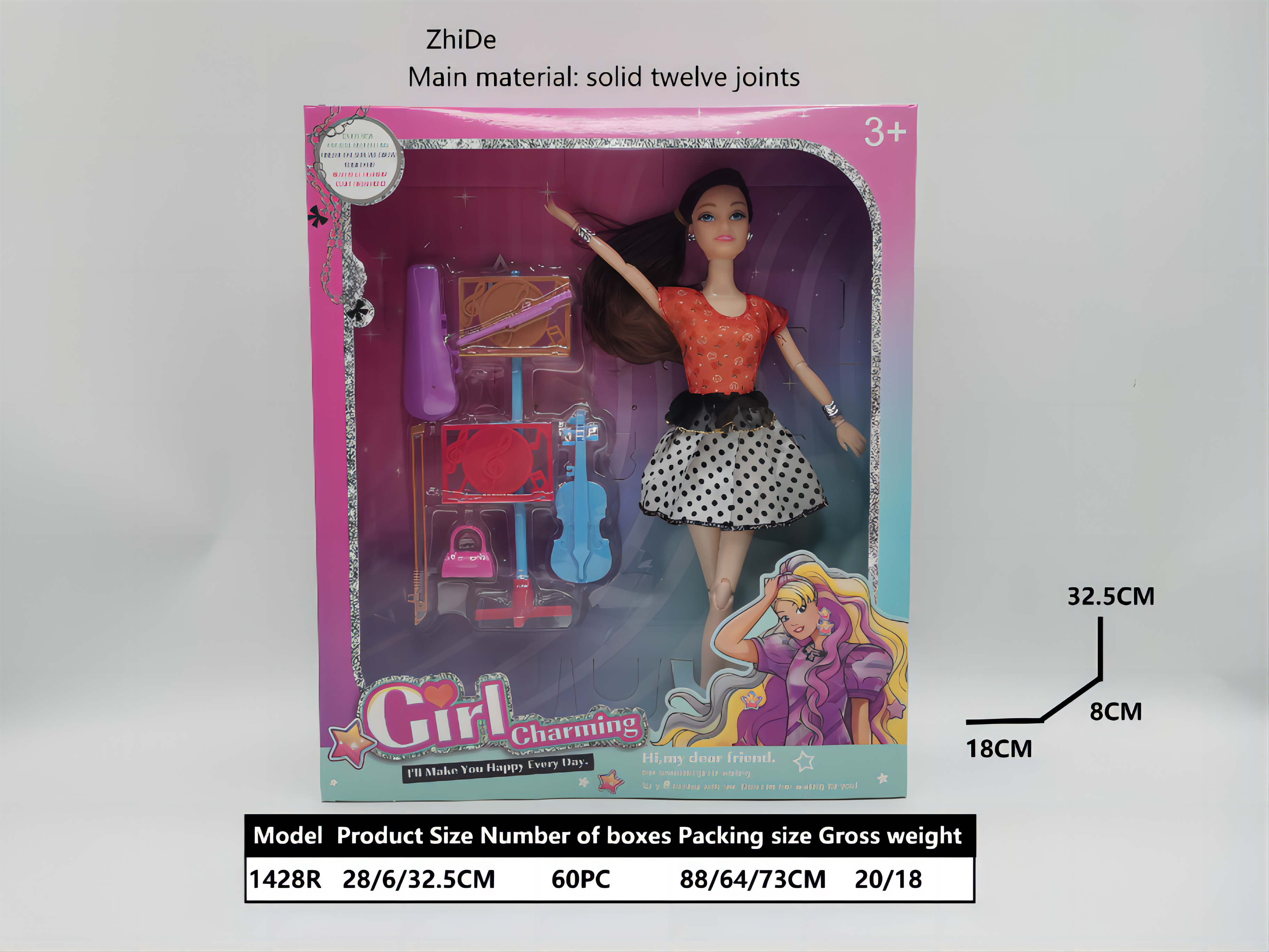 11.5 “Fashion Princess Doll. Match: Violin blister accessories. 12 joints. Ponytail encryption